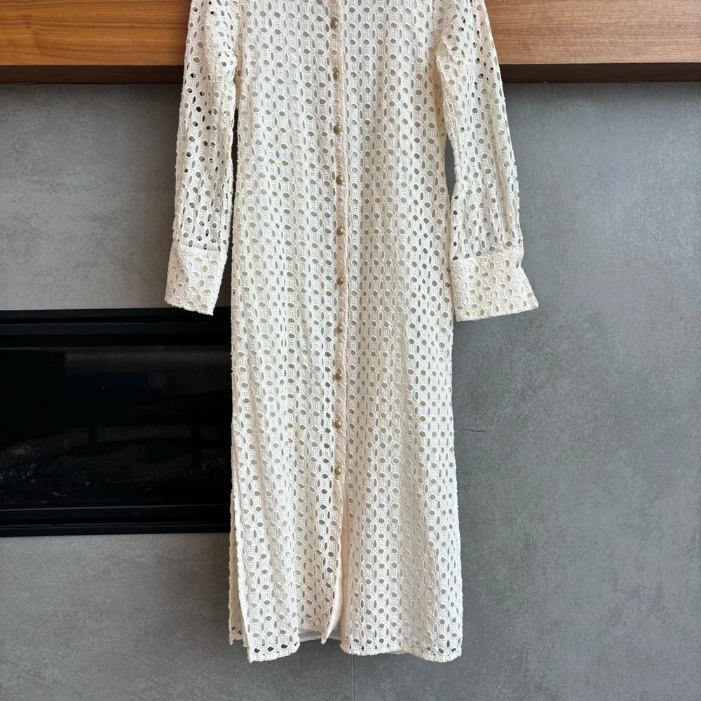 ZARA CREAM EMBROIDERED CUTWORK MIDI DRESS, SIZE M
